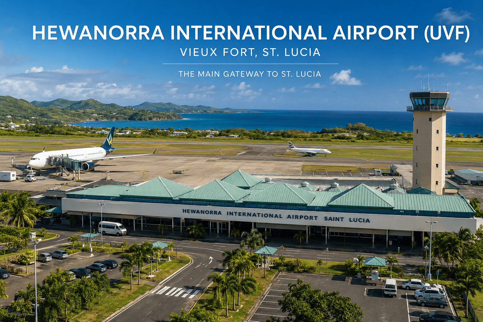Exterior entrance of Hewanorra International Airport in St Lucia with arriving passengers and luggage