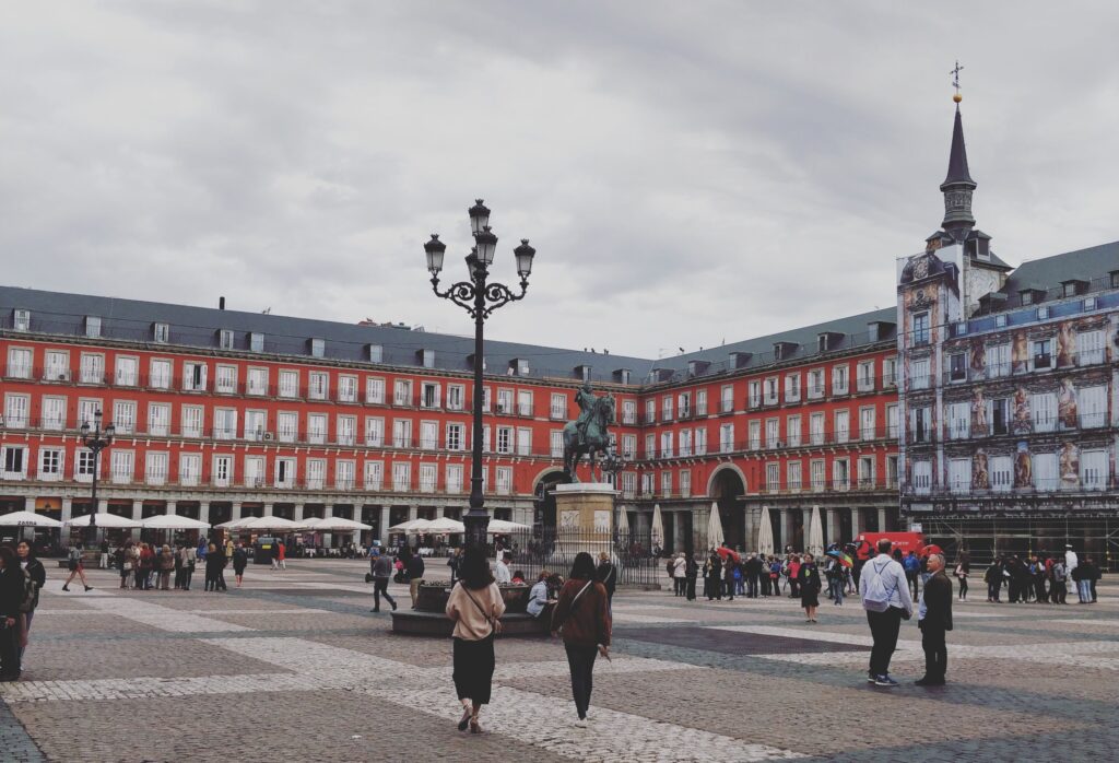 Oldest Restaurant in the World near Plaza Mayor, Madrid, with cobblestone square and equestrian statue