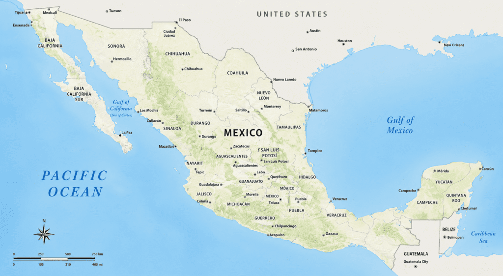 Map of Mexico showing the Pacific Ocean coastline, Caribbean Sea, Baja California Peninsula, Gulf of Mexico, and key beach destination states including Quintana Roo, Jalisco, Sinaloa and Yucatán