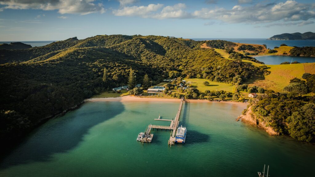 Aerial view of a bay in Northland, New Zealand, near the Bay of Islands