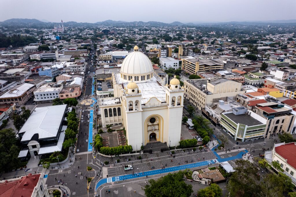 Aerial view of San Salvador cathedral and downtown skyline