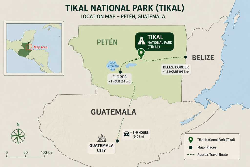 Map showing where Tikal National Park is located in Peten Guatemala