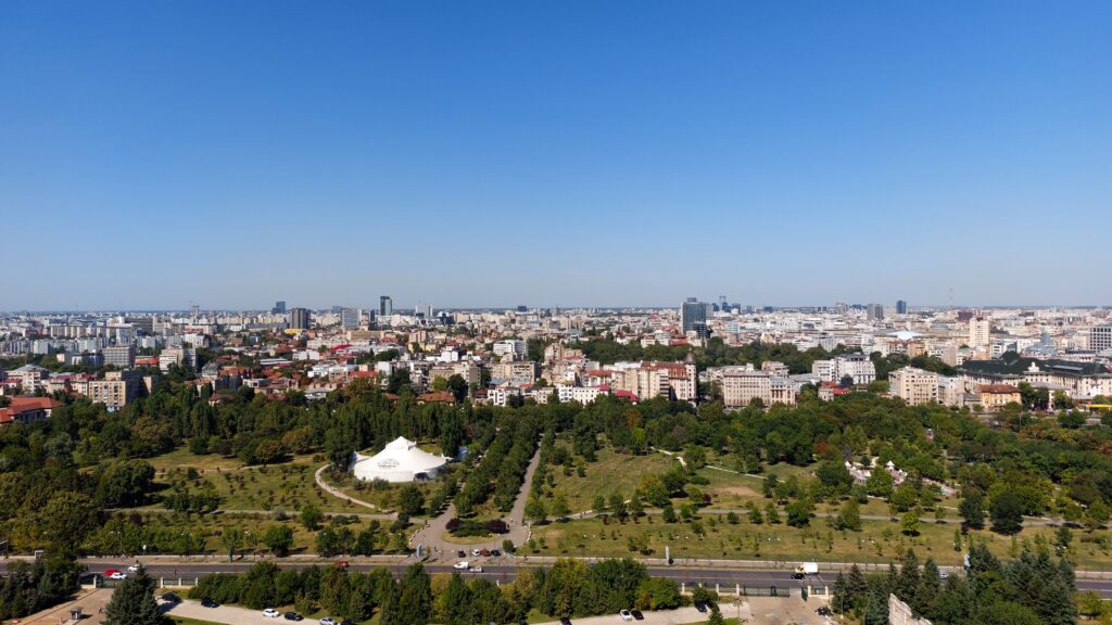 Aerial view of Bucharest Romania skyline with Circus Park in foreground